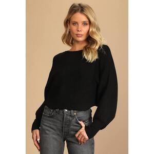 Lulus Come And Cuddle Black Ribbed Knit Dolman Sleeve Cropped Sweater - Size S
